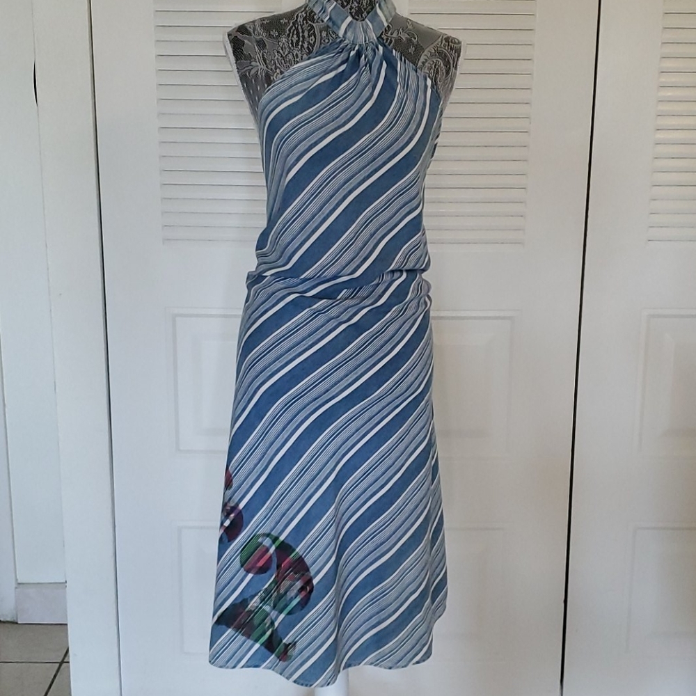 Vintage: Denim Blue and White Striped halter dress